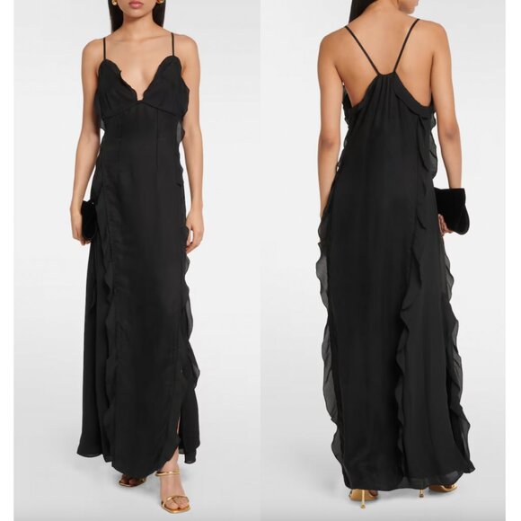 $695 Simkhai Black Emily Ruffle Maxi Slit V-Neck Sundress size 4
